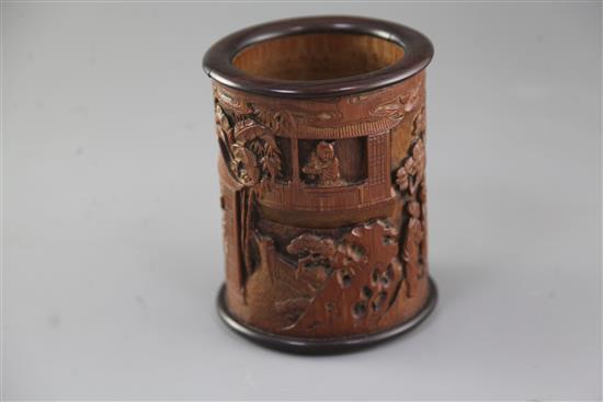A Chinese bamboo and hongmu mounted brush pot, Qing dynasty, total height 14cm